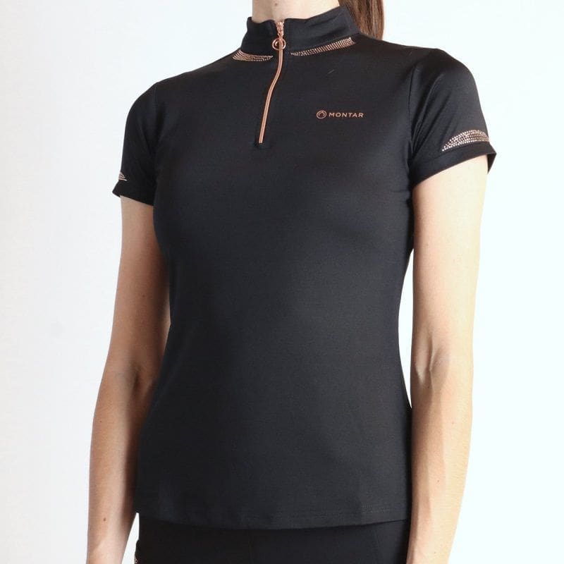 Polo manga corta MoKelsey en negro con cristales en oro rosa